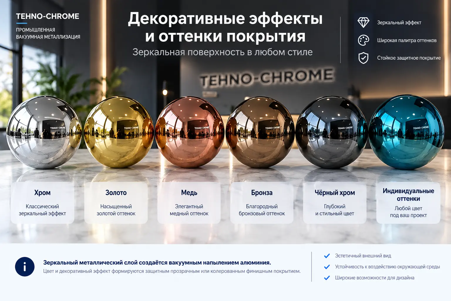 Декоративные цвета вакуумной металлизации — хром, золото, медь, бронза и цветные оттенки