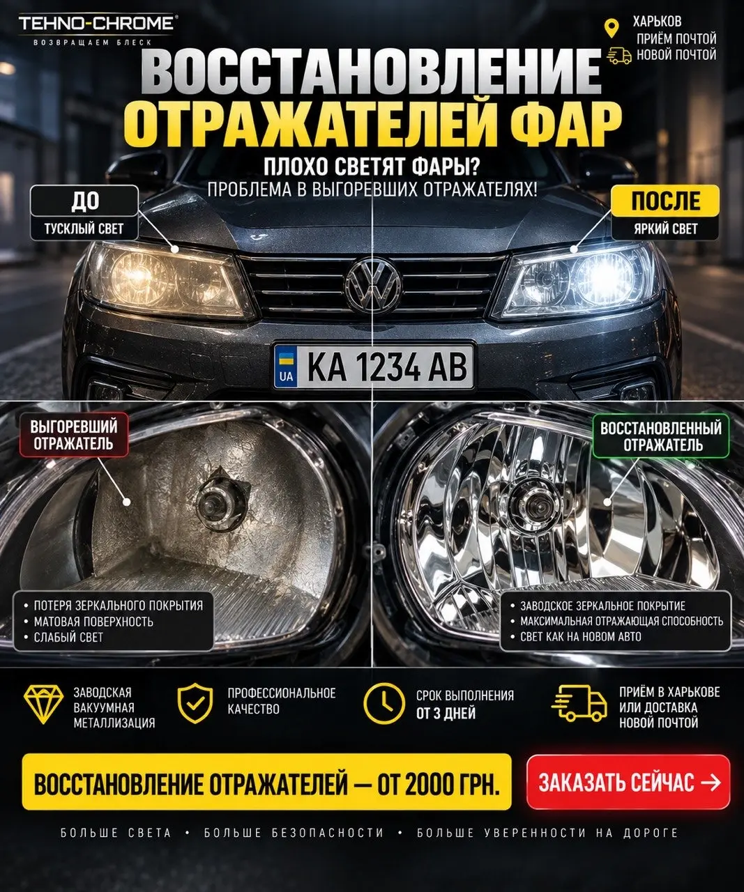 Восстановление отражателей фар до и после вакуумной металлизации