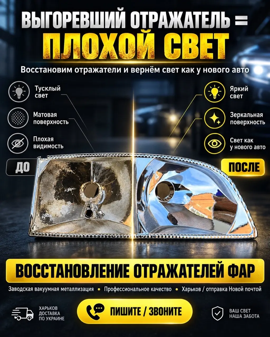 Выгоревший и восстановленный отражатель фары — до и после